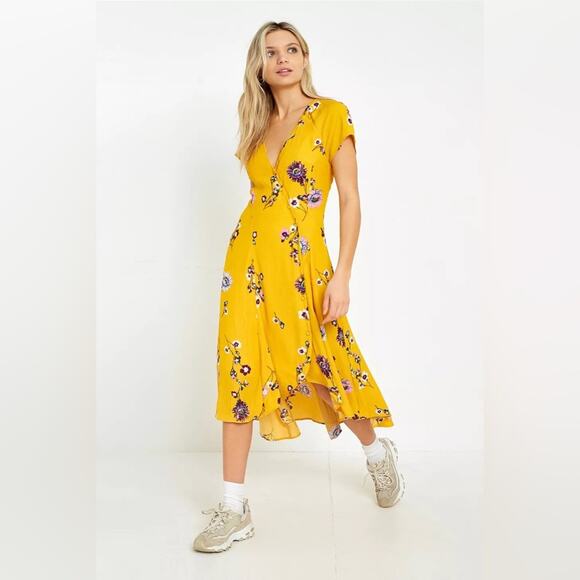 Free People Lost In You Yellow Floral Midi Dress Button Down Women’s Small - Picture 1 of 12